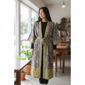 Handprint periwinkle and Sage Cotton FLORAL Robe OS